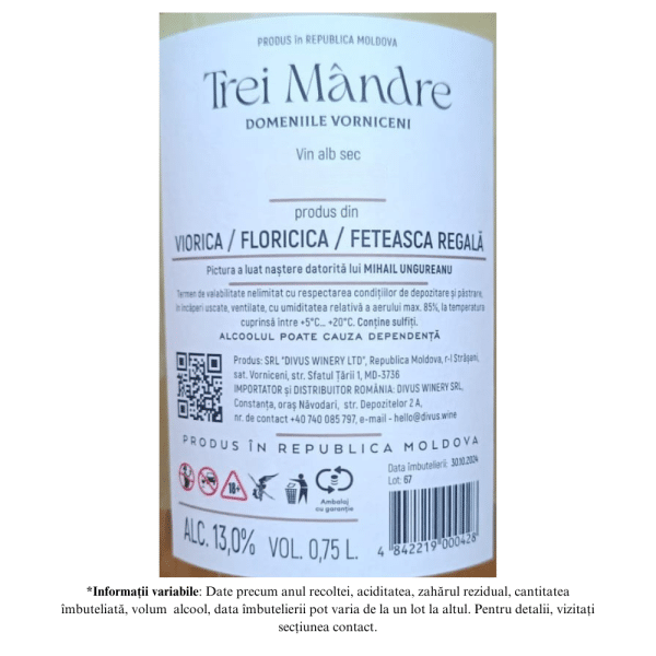 Vin Alb Sec, Trei Mândre Domeniile Vorniceni 0,75L - Image 2