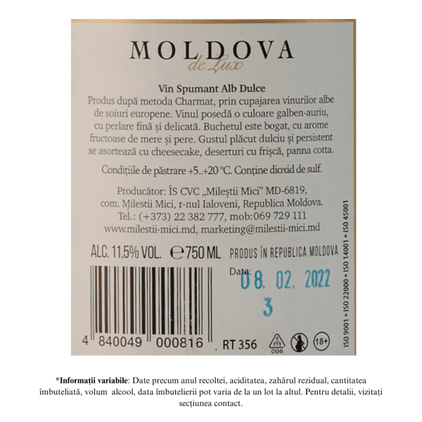 Milestii Mici: Moldova de Lux - Vin Spumant Alb Dulce 0.75 L - Image 2