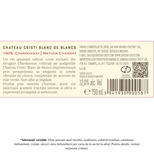 Vin spumant Alb Brut, Chardonnay Blanc de Blanc, Chateau Cristi, 0,75L - Image 2