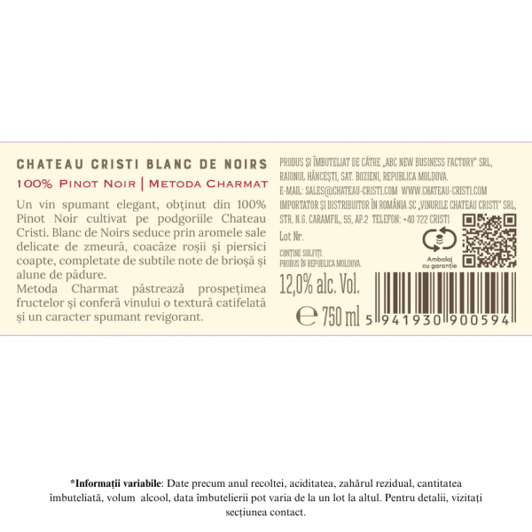 Vin spumant Alb Brut, Pinot Noir Blanc de Noirs, Chateau Cristi, 0,75L - Image 2