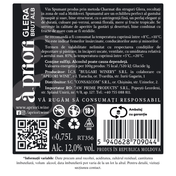 Vin Spumant Brut alb APRIORI GLERA 0,75L - Image 2