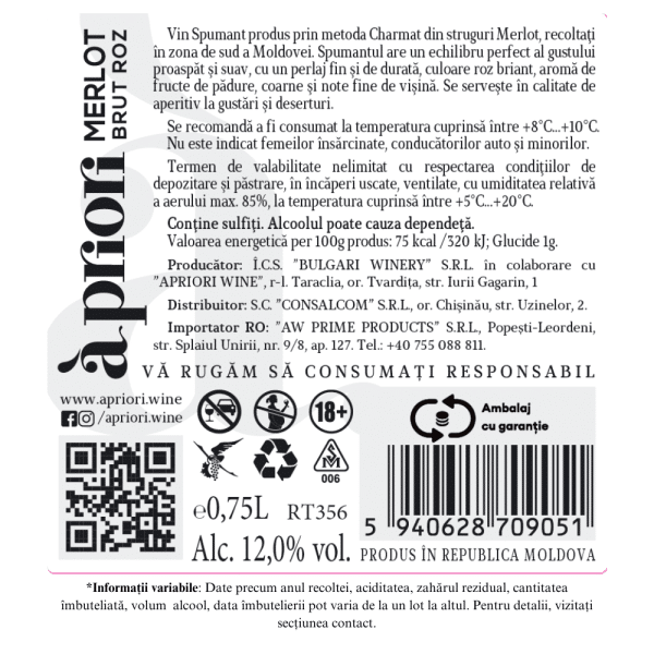 Vin Spumant Brut rose APRIORI MERLOT 0,75L - Image 2