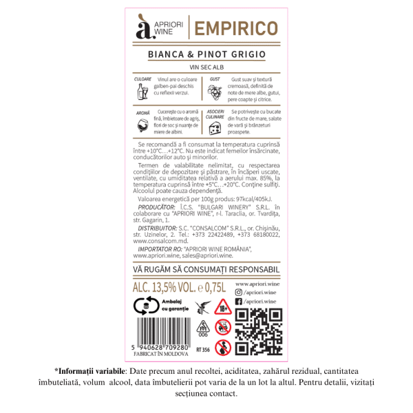 Vin sec alb Bianco & Pinot Grigio Empirico Apriori 0,75L - Image 2