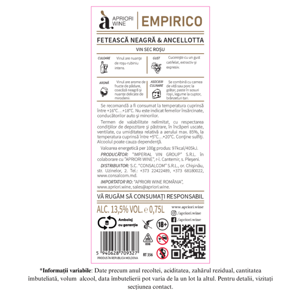 Vin rosu sec APRIORI EMPIRICO Feteasca Neagra & Ancelotta 0,75L - Image 2