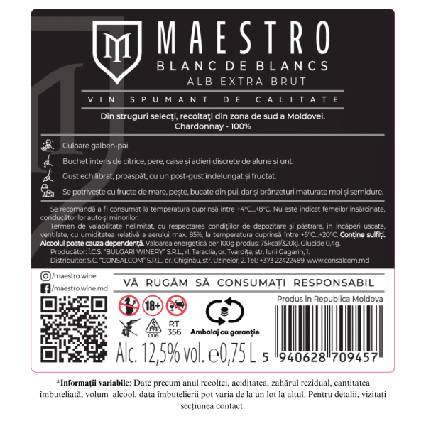 Vin Spumant Extra Brut alb APRIORI MAESTRO Blanc de Blancs 0,75L - Image 2