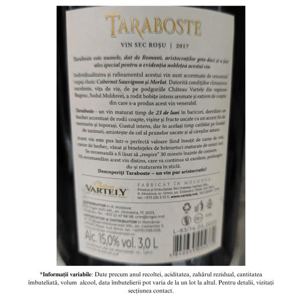 Vin Roșu Sec, Taraboste, Cabernet - Merlot 2017, Chateau Vartely , Dublu Magnum Cutie 3,0L - Image 2