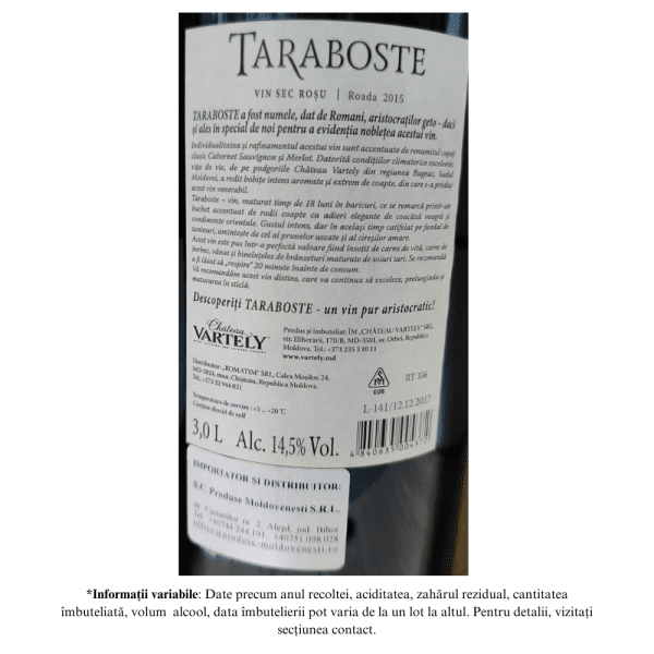 Vin Roșu Sec, Taraboste, Cabernet - Merlot 2015, Chateau Vartely, Dublu Magnum Cutie 3,0L - Image 2
