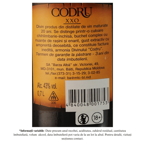 Barza Alba Codru Divin XXO 20 ani, 43%, 0.7L în cutie premium - Image 2