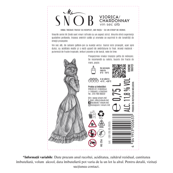 Vin Alb Sec, Mr Snob, Viorica - Chardonnay, Vinum, 0,75L - Image 2