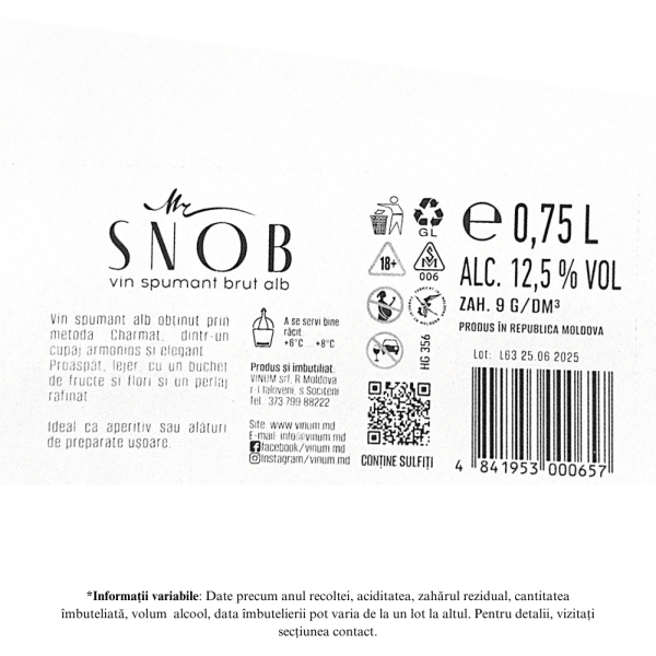 Vin Spumant Alb Brut, Mr Snob, Vinum, 0,75L - Image 2