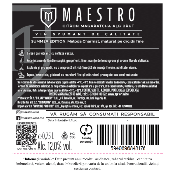 Vin Spumant Alb Brut, Citron Magaratcha, Apriori Maestro. 0.75L - Image 2