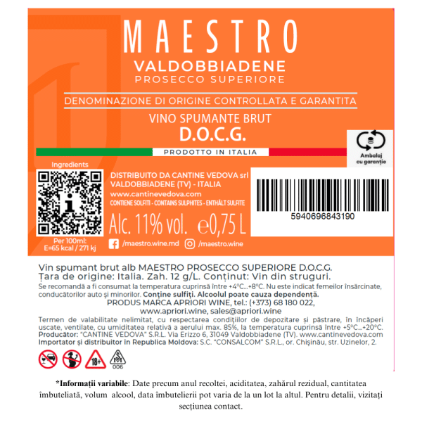 Vin Spumant MAESTRO PROSECCO Superiore Valdobbiadene DOCG BRUT 0.75L - Image 2