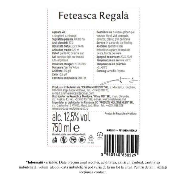 CRAMA MIRCESTI FETEASCA REGALA - Vin Alb Demisec 0,75L - Image 2