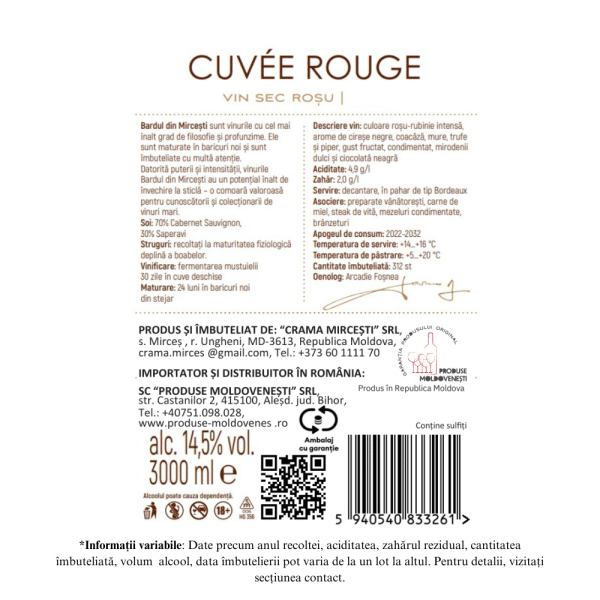 Vin Roșu Sec, Bardul din Mircesti Cuvee Rouge, Crama Mircesti 3 L Dublu Magnum - Image 2