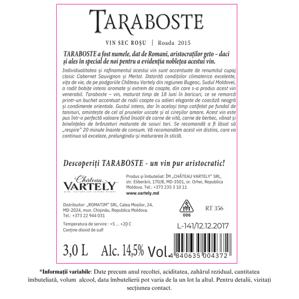 Vin Roșu Sec, Taraboste, Cabernet - Merlot 2015, Chateau Vartely, Dublu Magnum Cutie 3,0L - Image 2